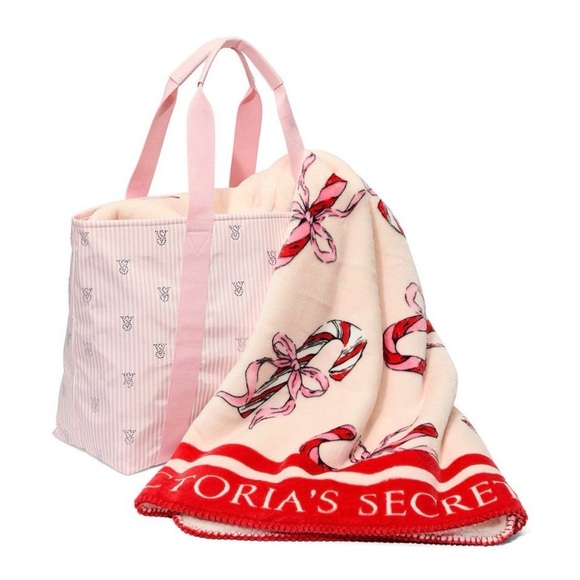 Victoria’s Secret bling heritage stripe tote and candy cane blanket - Picture 3 of 4
